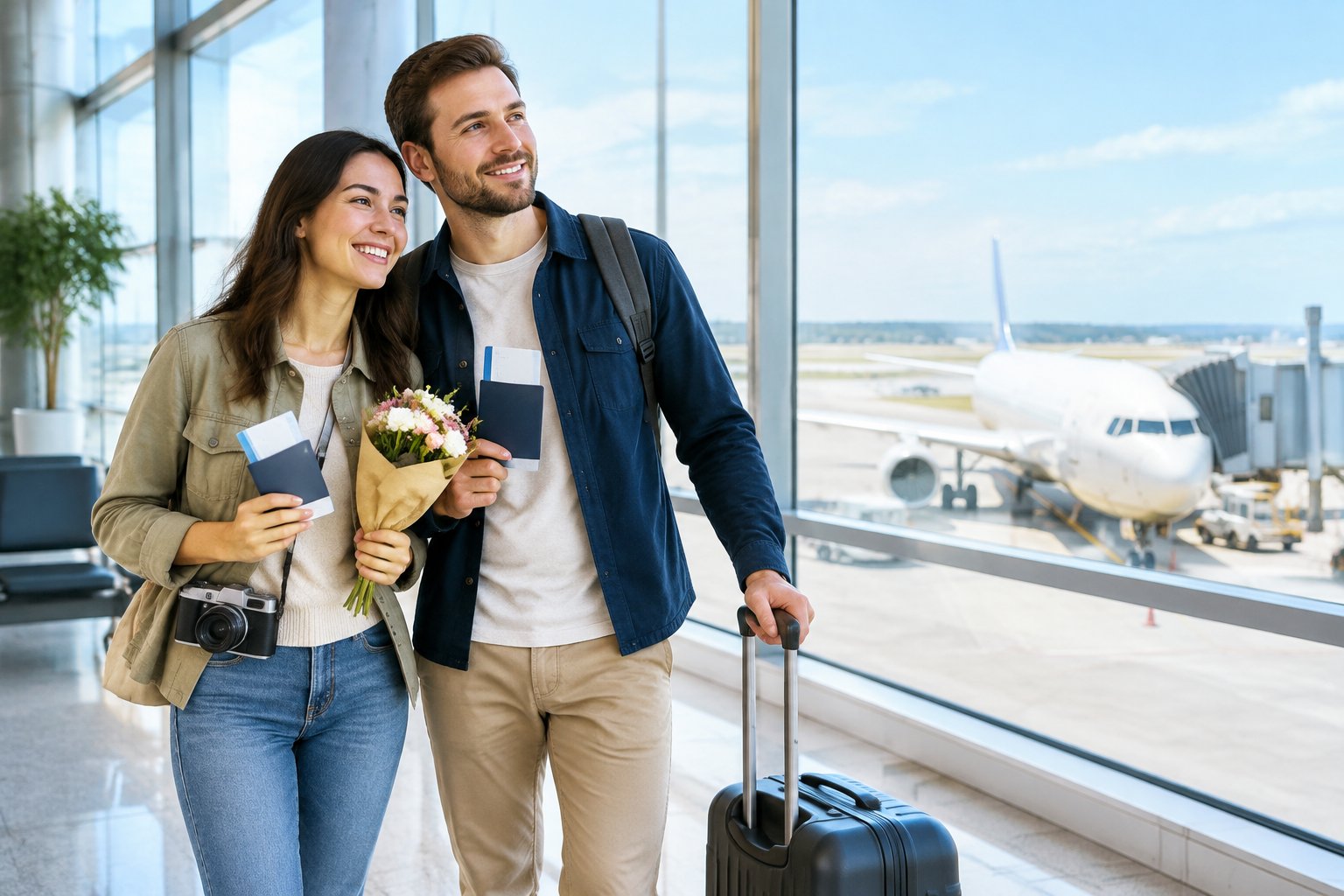 A newlywed couple with luggage preparing to board an airplane at a bright airport terminal.