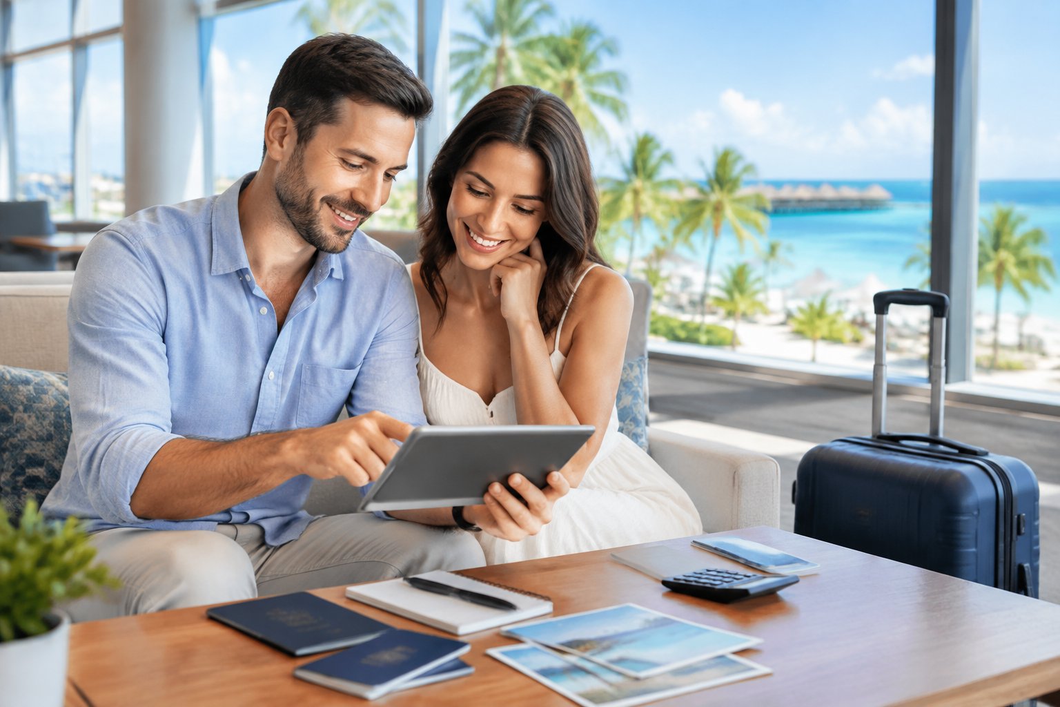 A newlywed couple compares honeymoon travel costs on a tablet beside a suitcase, with a tropical destination visible through the window.