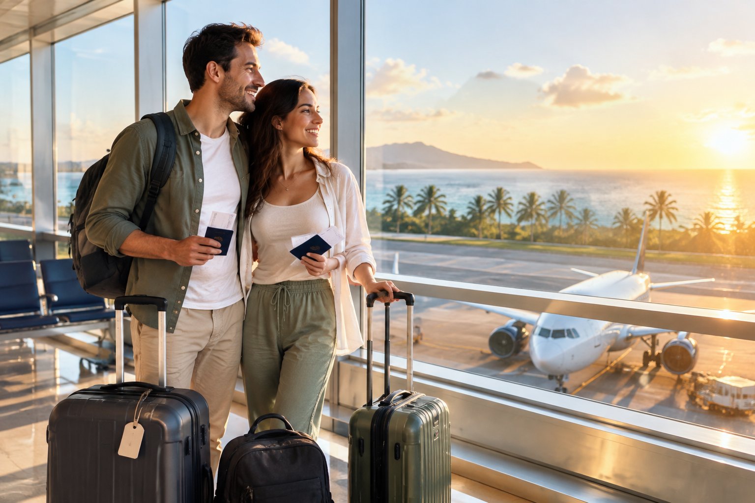 A newlywed couple with luggage watches an airplane from an airport lounge.