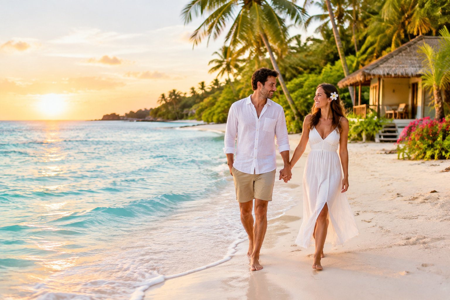 A newlywed couple walks hand in hand along a tropical beach near a modest beachfront bungalow.