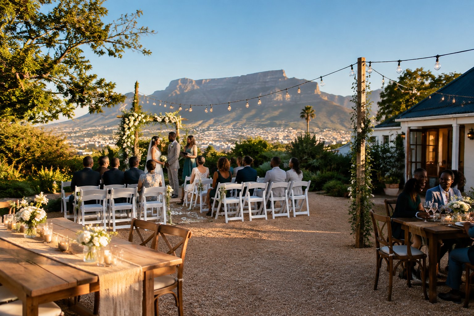 An intimate outdoor wedding ceremony at a landscaped Cape Town venue with simple decorations and Table Mountain in the background.