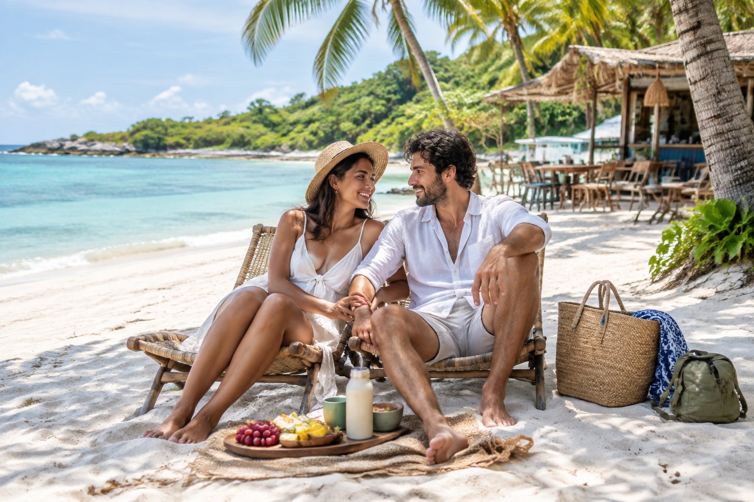 A newlywed couple relaxes together on a modest tropical beach beside palm trees and turquoise water.