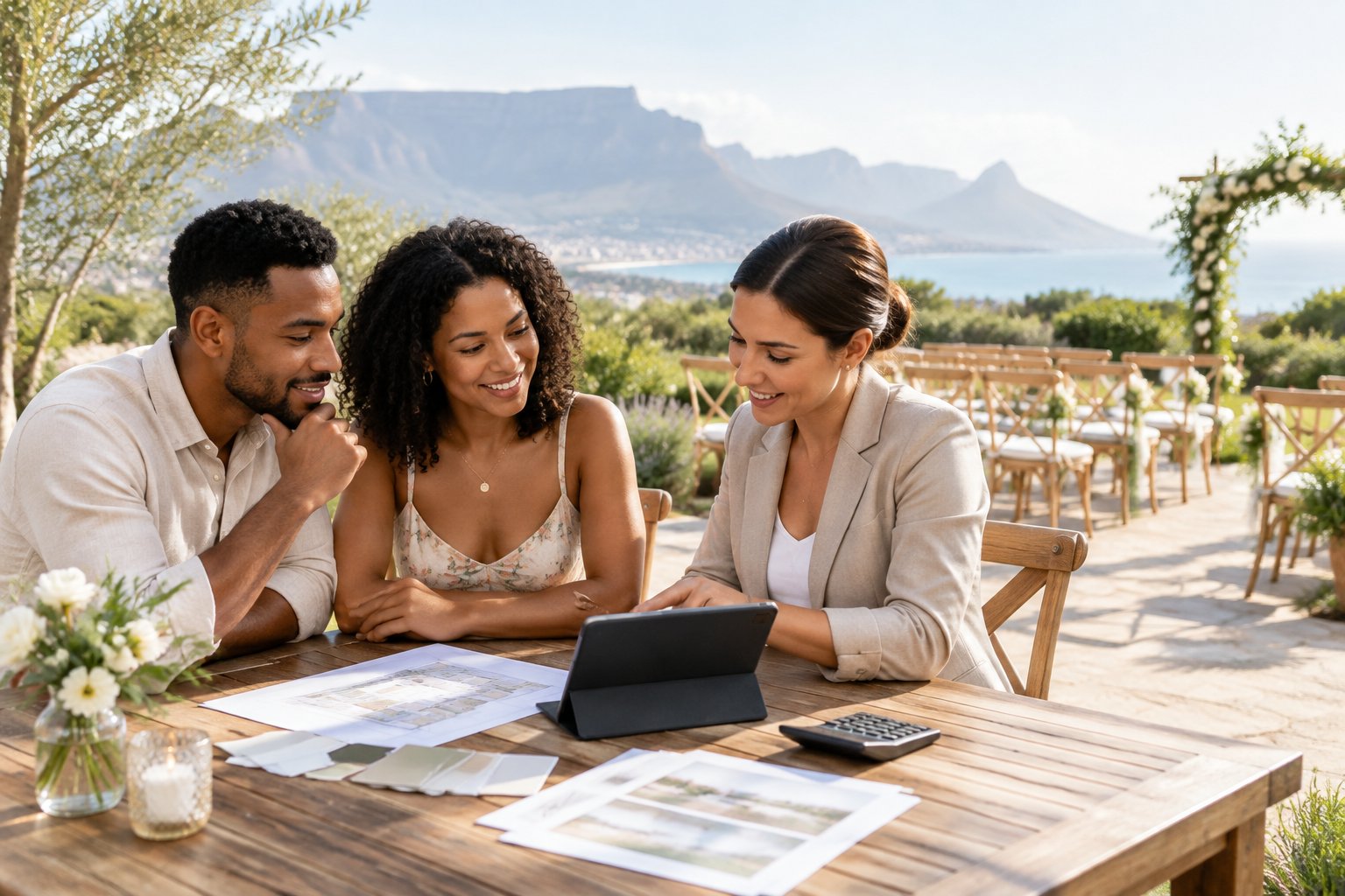 A couple compares wedding venue options with a coordinator at an outdoor Cape Town venue.