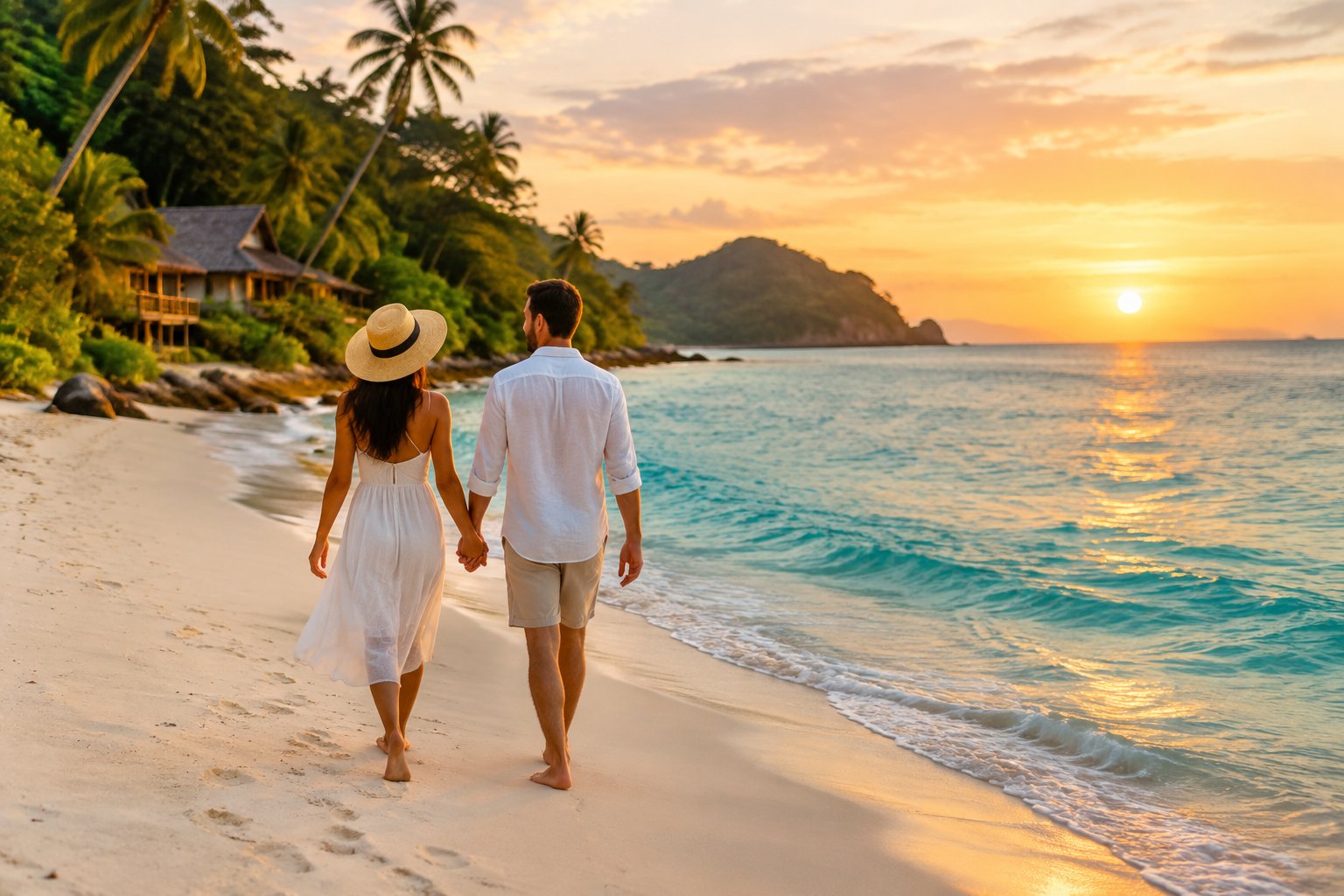 A newlywed couple walks hand in hand along a quiet tropical beach at sunset.
