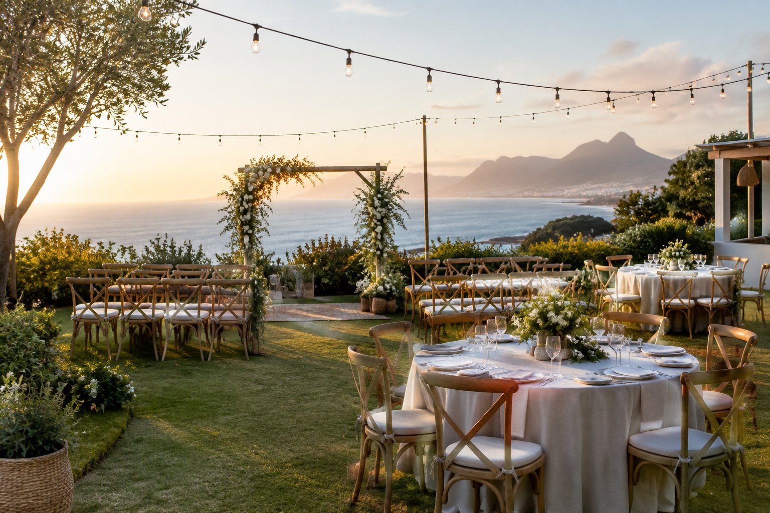 An affordable outdoor wedding venue with simple elegant decorations and mountains in the background.