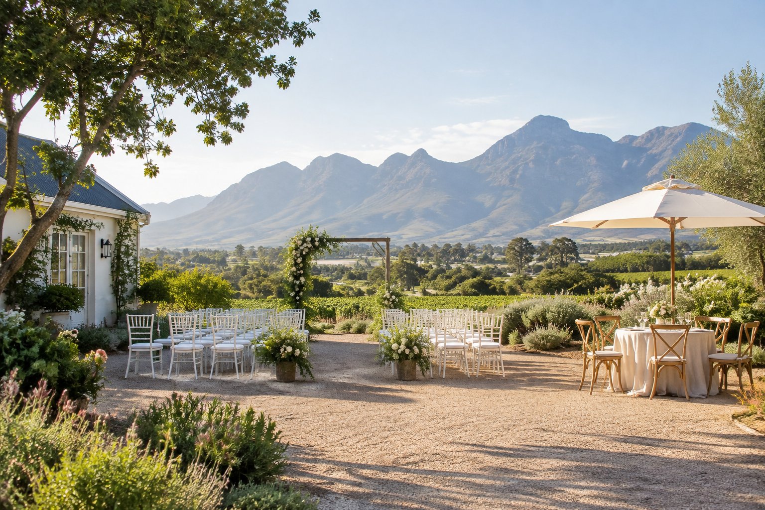 A simple outdoor wedding venue with decorated chairs, a reception table, and mountains in the distance.