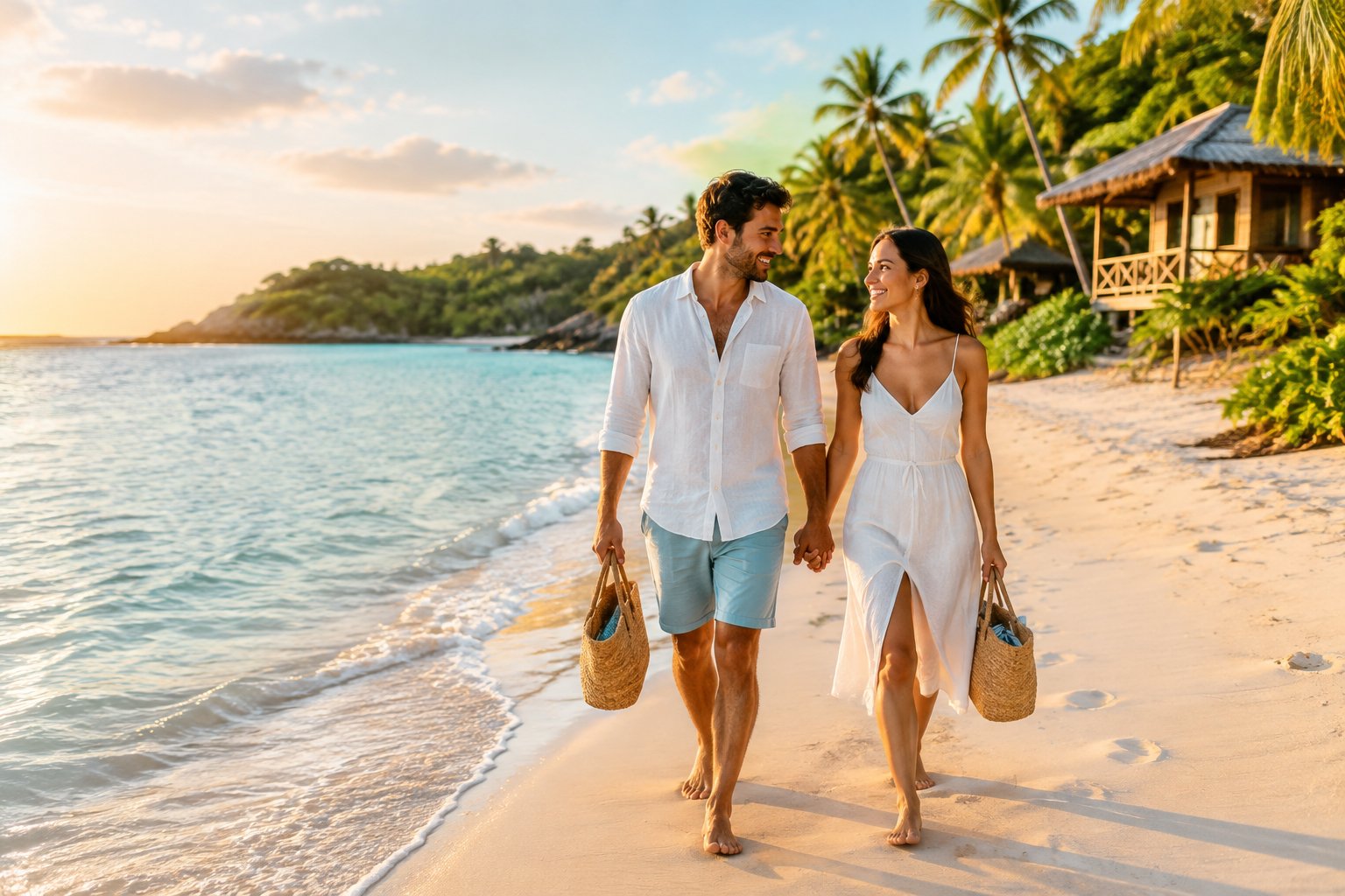 A newlywed couple walks hand in hand along a quiet tropical beach near a modest island bungalow.