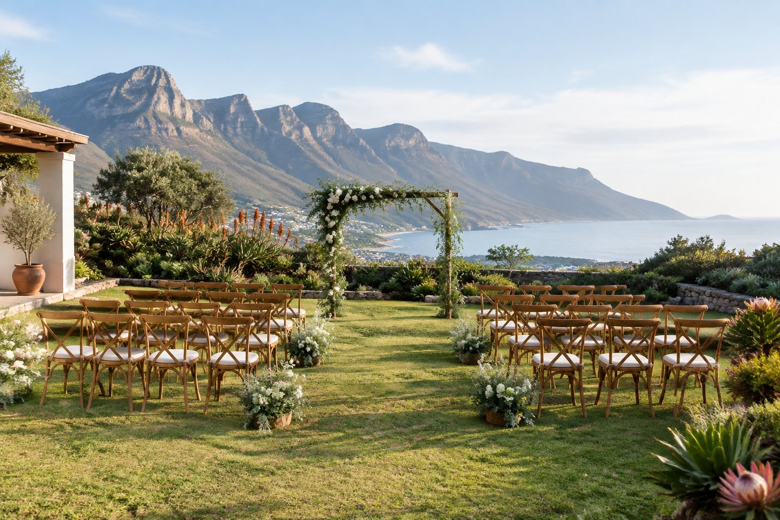 A modest outdoor wedding ceremony setup in a scenic Cape Town garden with mountains in the background.