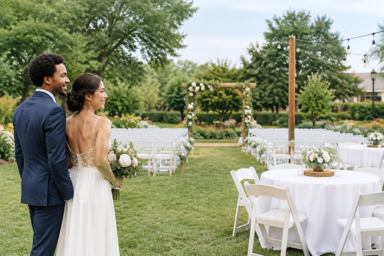 A couple looks over a simple outdoor wedding venue with folding chairs, decorated tables, and a flower-covered arbor.