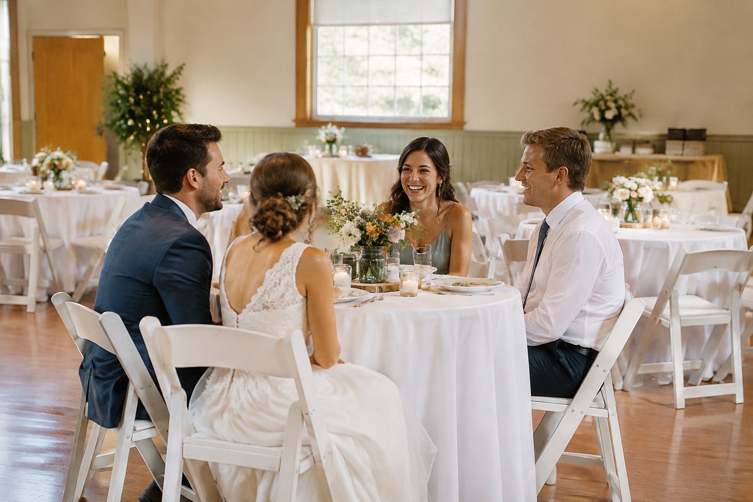 An intimate wedding reception in a simply decorated community venue with a small table, flowers, and neatly arranged chairs.