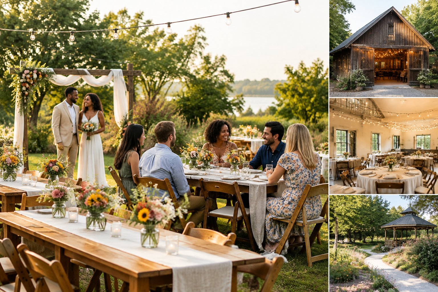 A couple and guests celebrate at a modest outdoor wedding reception in a decorated community garden.