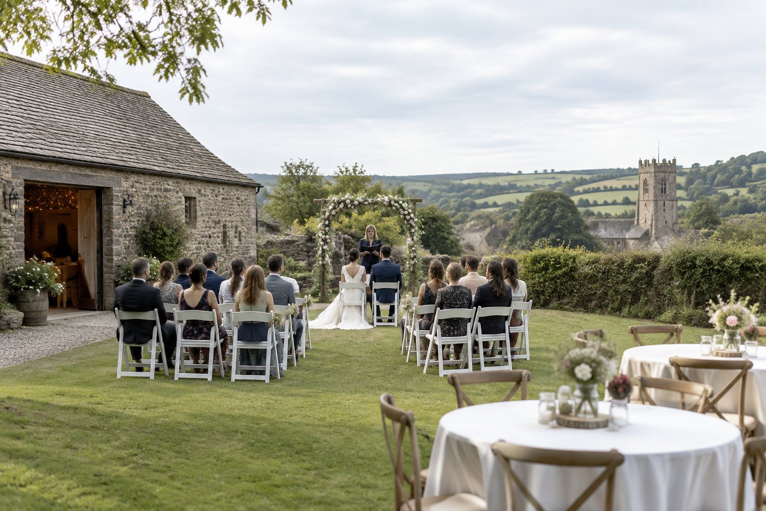 An intimate wedding setup outside a charming countryside venue with simple chairs, flowers, and green hills in the background.