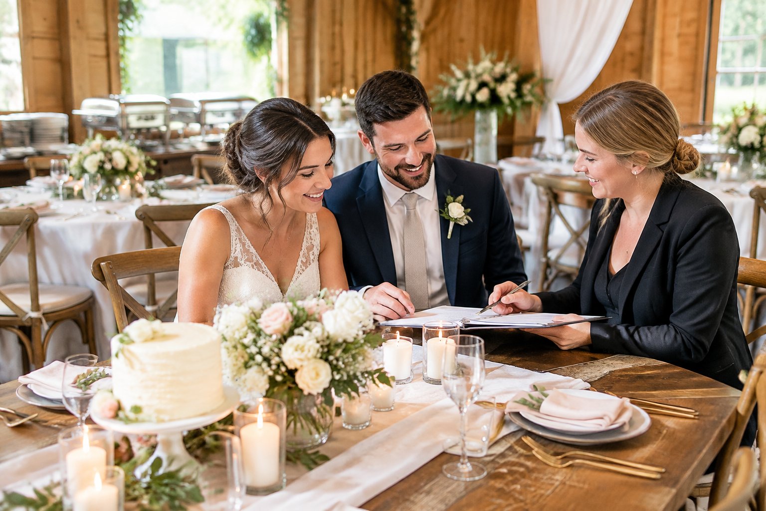A couple discusses wedding plans with a coordinator in an affordable, simply decorated reception venue.