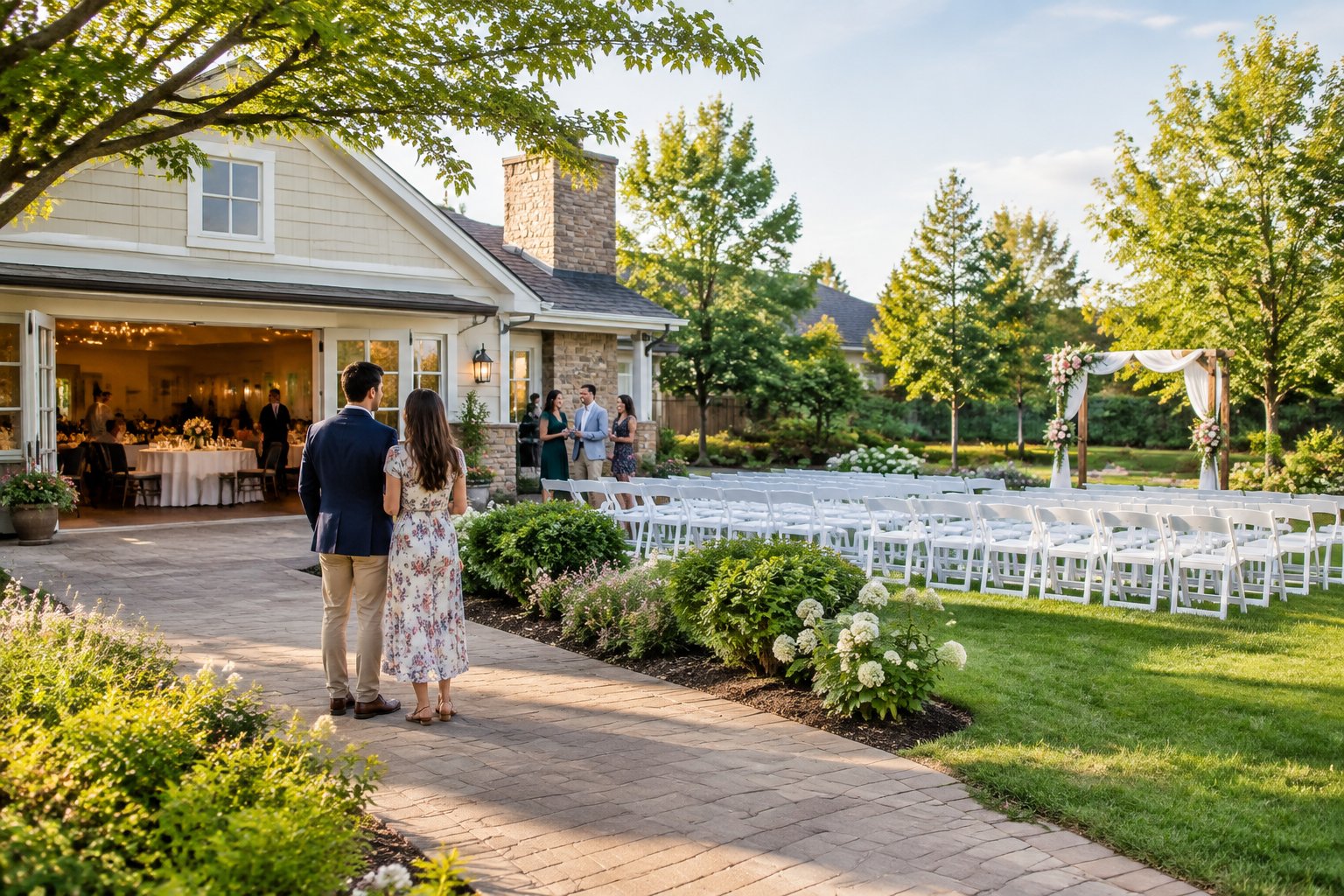 A couple and guests view an affordable wedding venue with outdoor seating, greenery, and a simple floral arch.