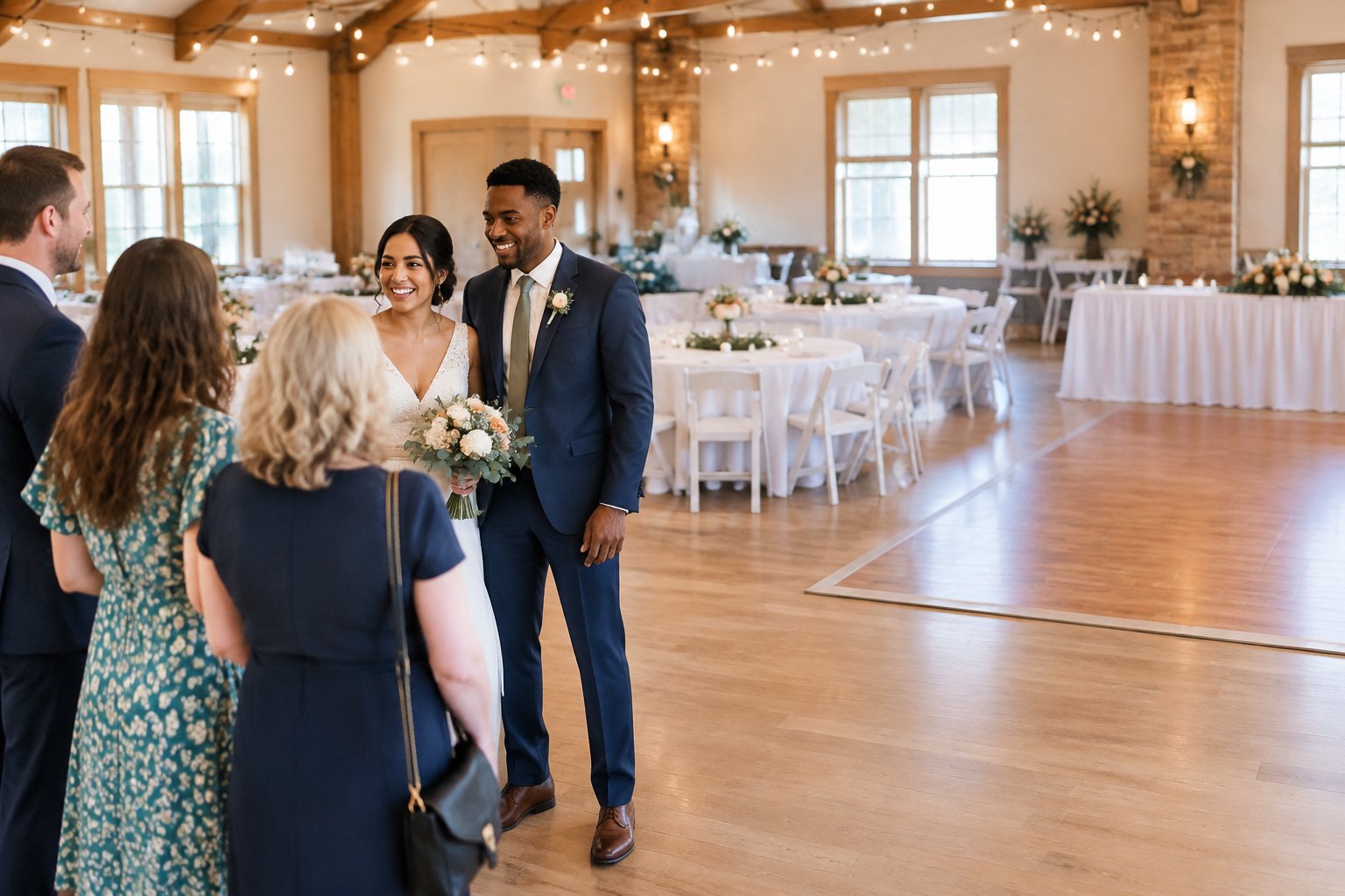 A smiling newlywed couple welcomes guests in a simply decorated wedding reception venue.