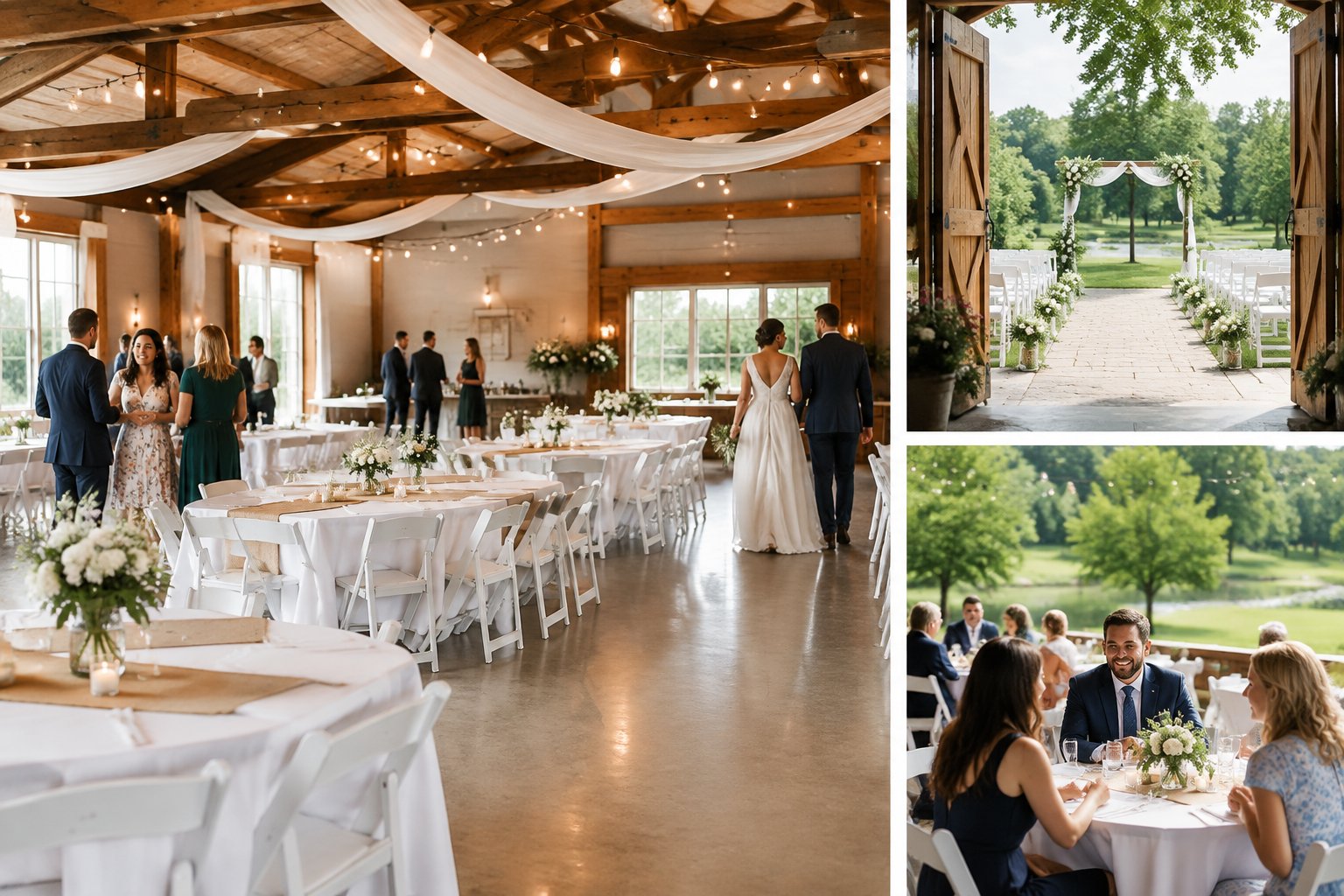 A couple and guests celebrate at an affordable wedding venue with simple elegant decorations.