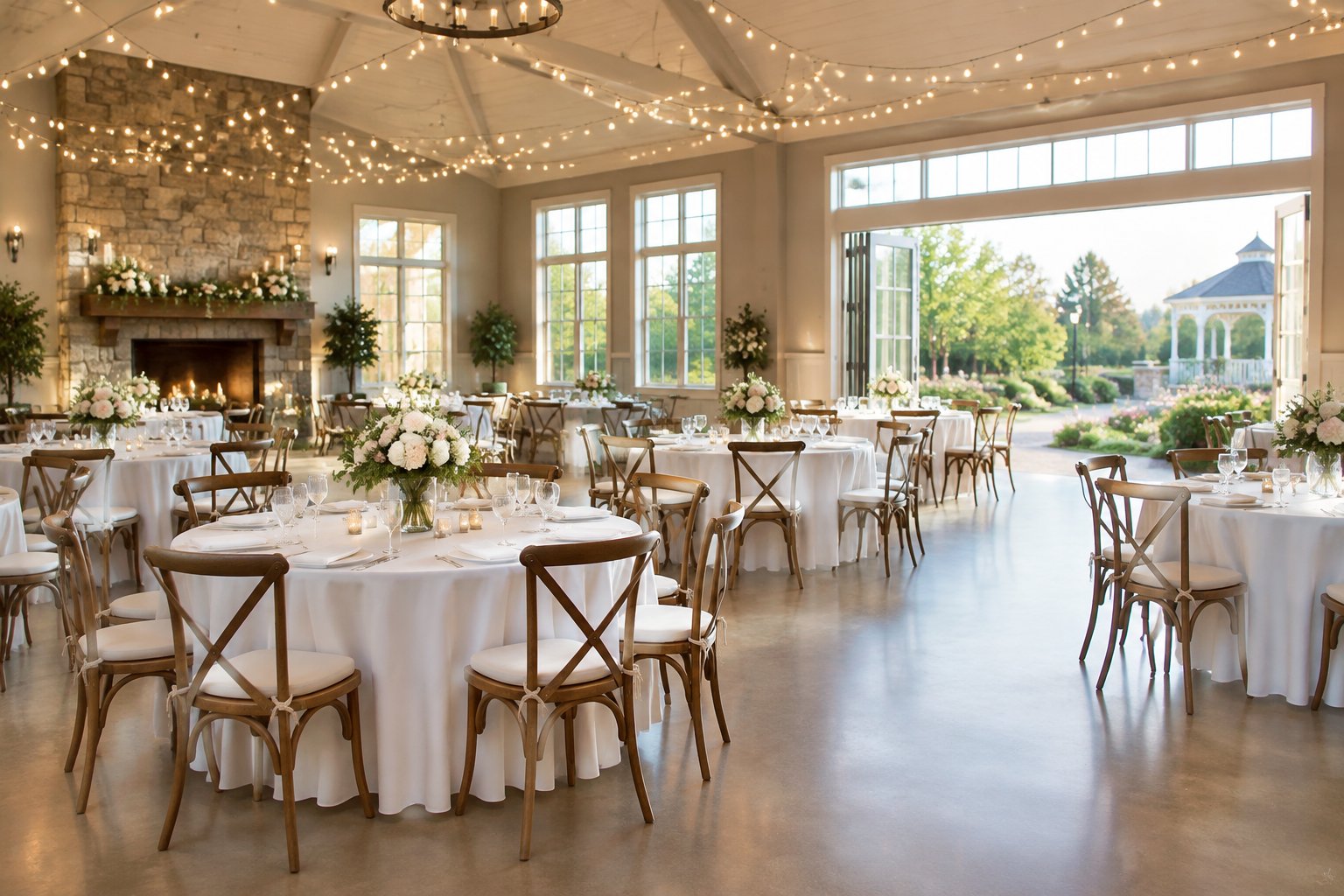 A simply decorated wedding reception space with tables, floral centerpieces, and landscaped grounds outside.