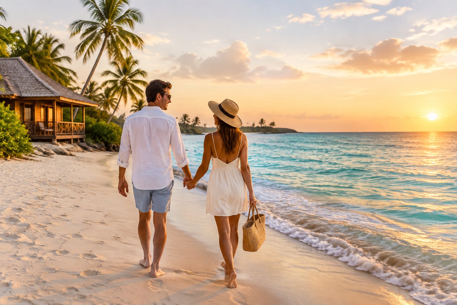 A newlywed couple holding hands while walking along a tropical beach near a simple beachfront bungalow.