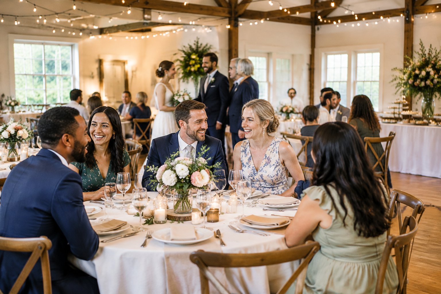 A newlywed couple welcomes smiling guests at an elegant, budget-friendly wedding reception.