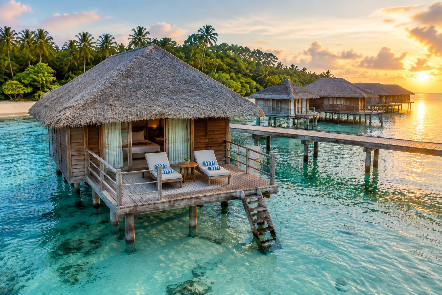 A modest overwater bungalow with lounge chairs above a clear tropical lagoon, connected to a wooden walkway.