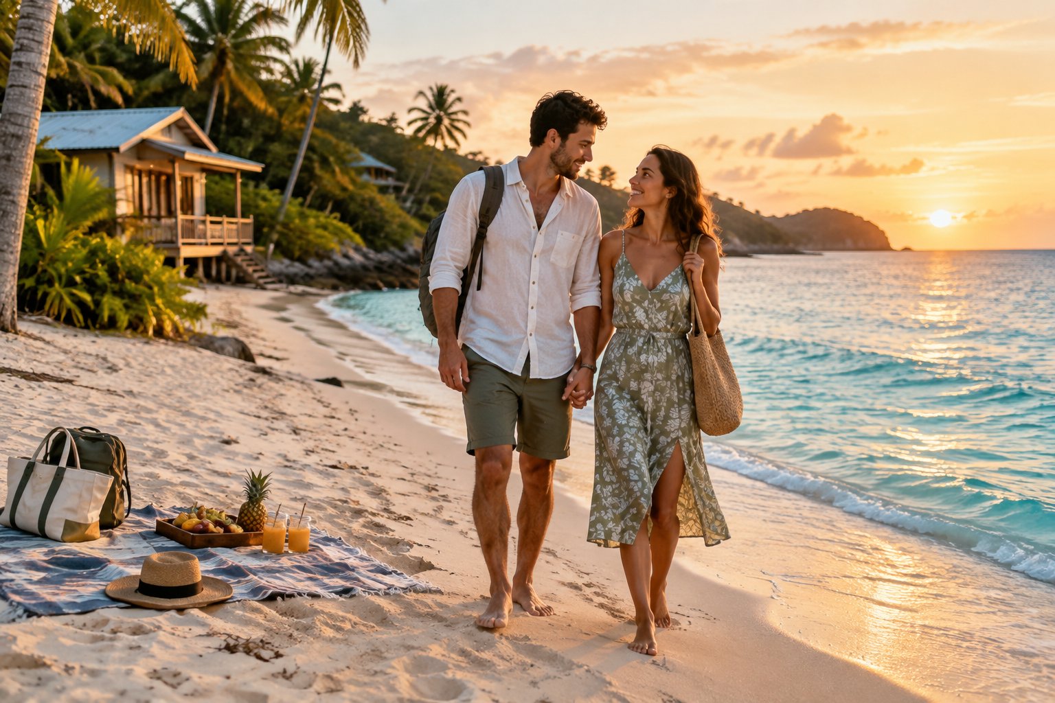 A newlywed couple holds hands while walking along a tropical beach near a simple seaside bungalow.