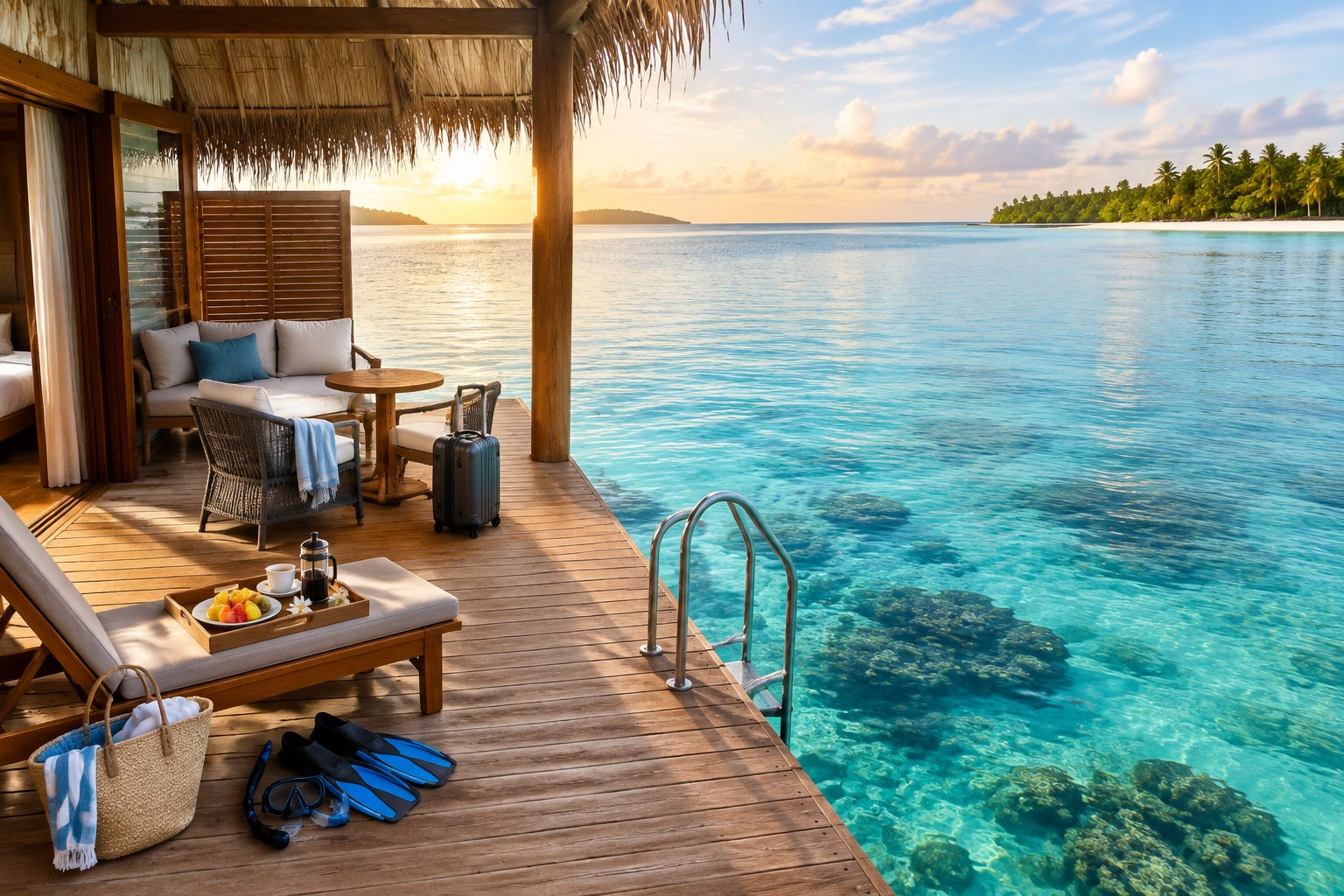 A modest overwater bungalow deck overlooking a clear tropical lagoon, with breakfast, snorkeling gear, and a small suitcase.