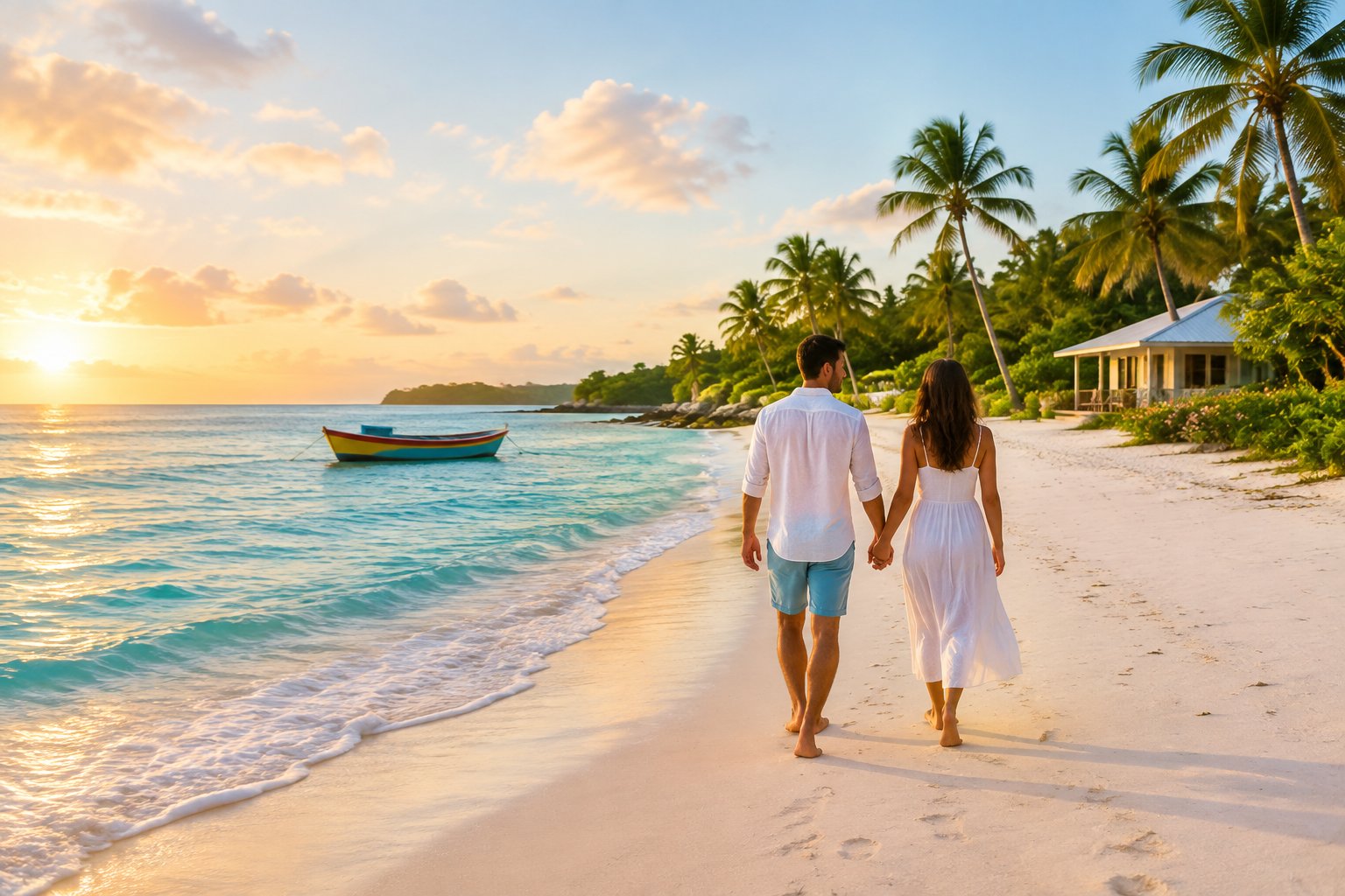 A newlywed couple walks hand in hand along a tropical Caribbean beach at sunset.