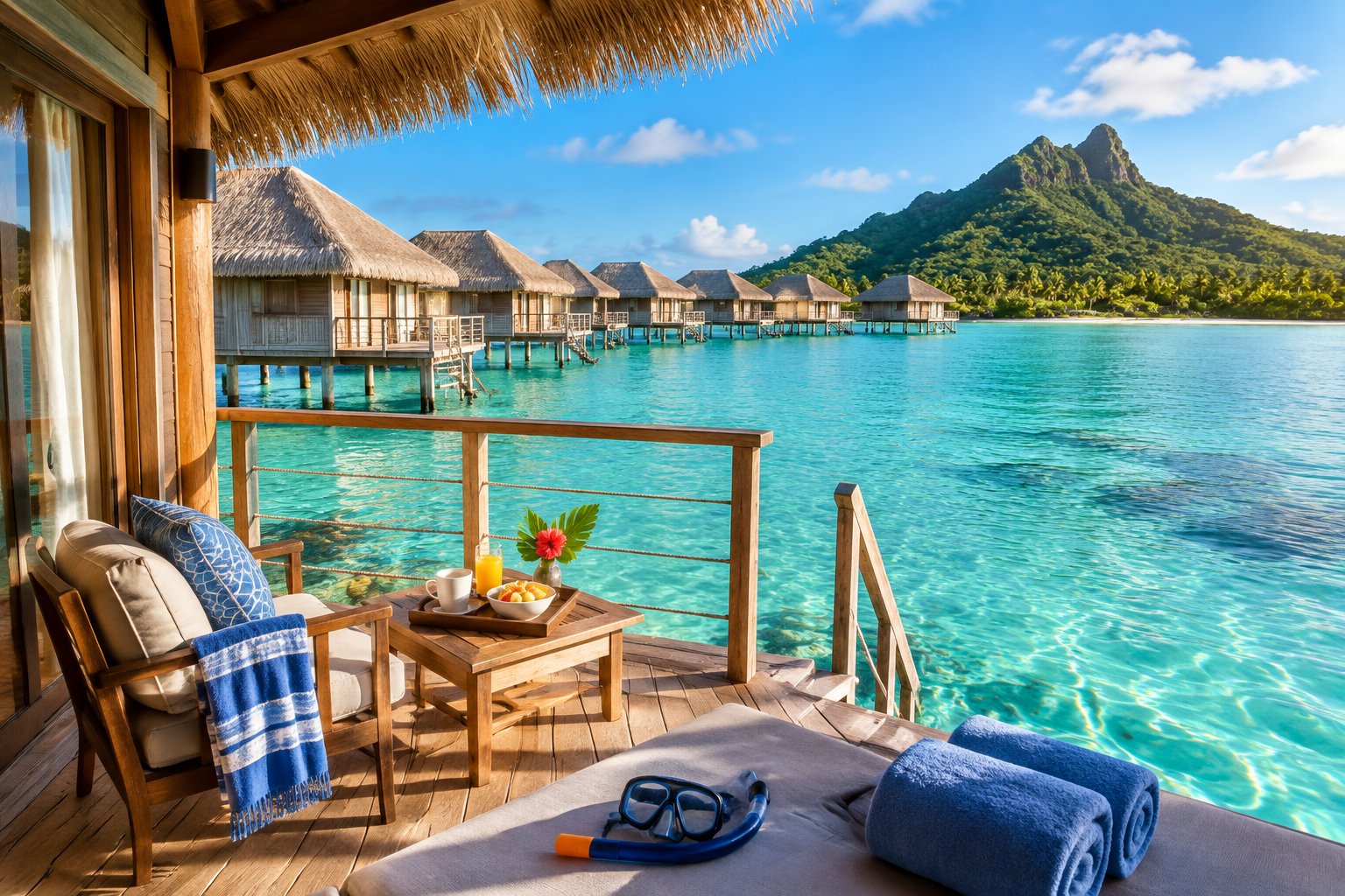 A simple overwater bungalow deck overlooking turquoise tropical water and green islands.