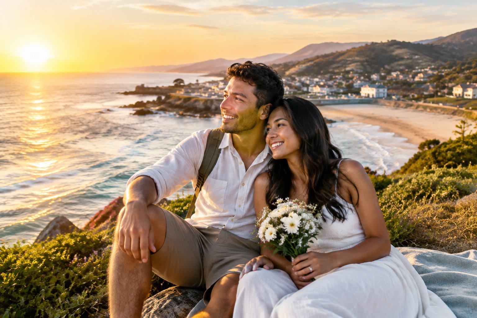 Newlywed couple enjoying a scenic coastal overlook during a romantic getaway.