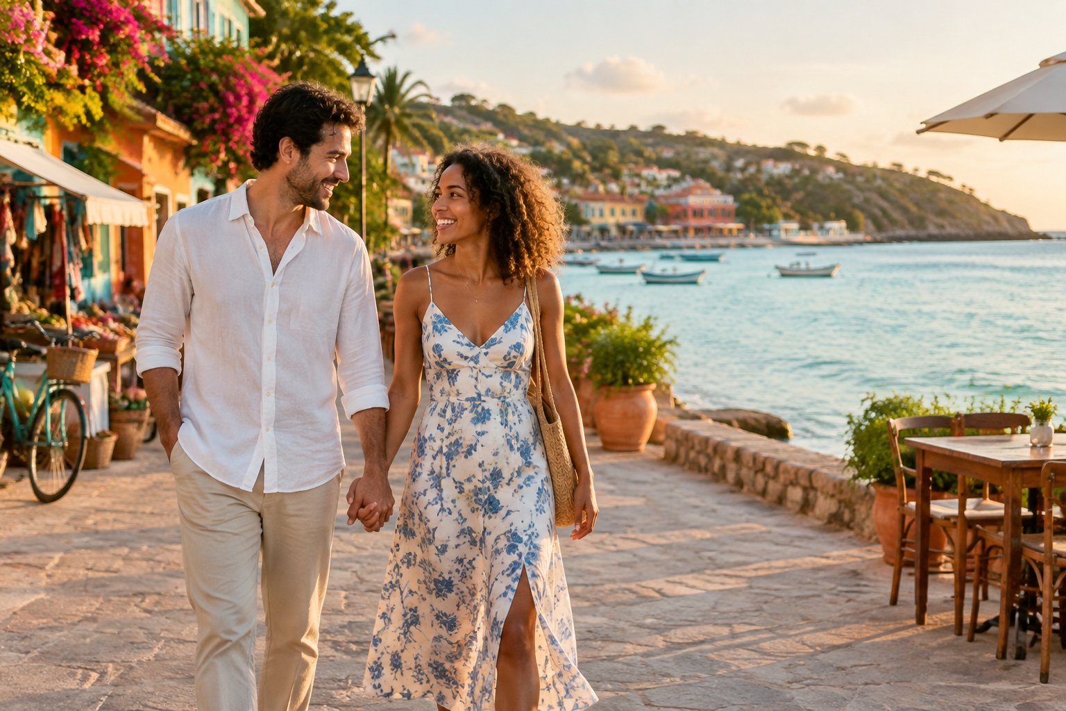 A newlywed couple walks hand in hand along a sunny tropical seaside promenade.