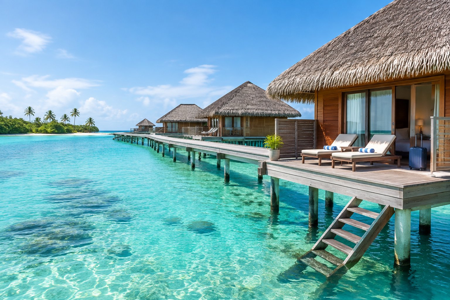Overwater bungalows connected by a wooden boardwalk above a clear tropical lagoon.