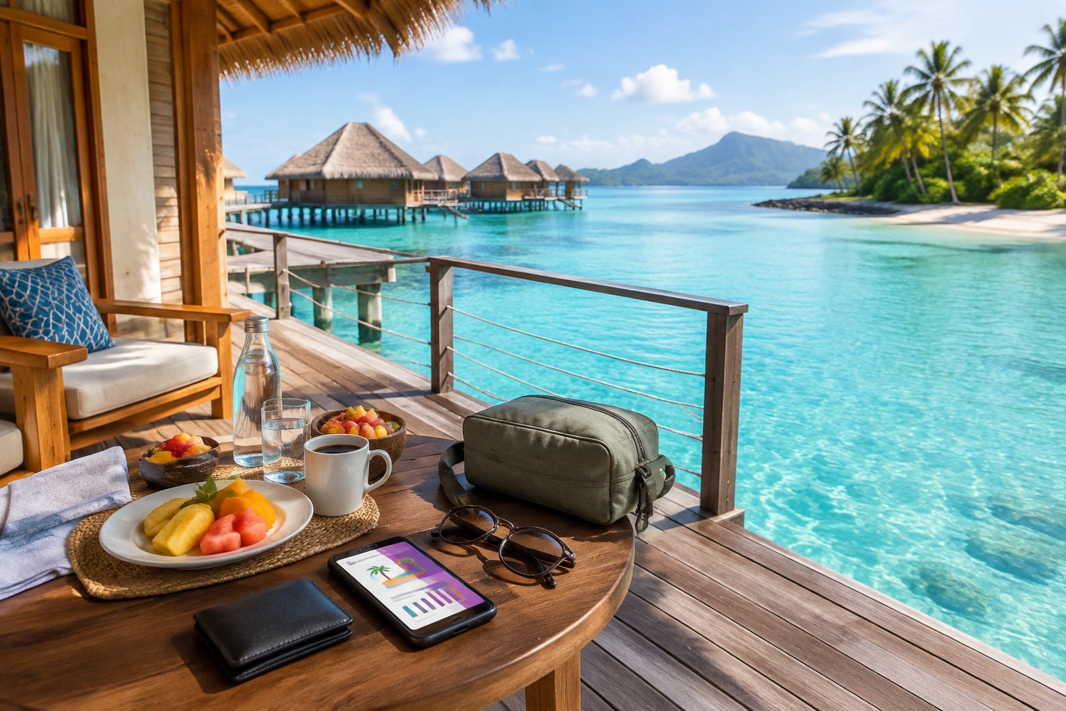 A tropical overwater bungalow with a simple breakfast setup, travel items, and a smartphone overlooking a calm turquoise lagoon.