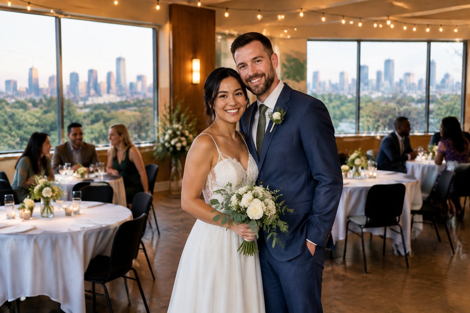 A newlywed couple celebrates with guests in a warmly decorated Edmonton reception venue.