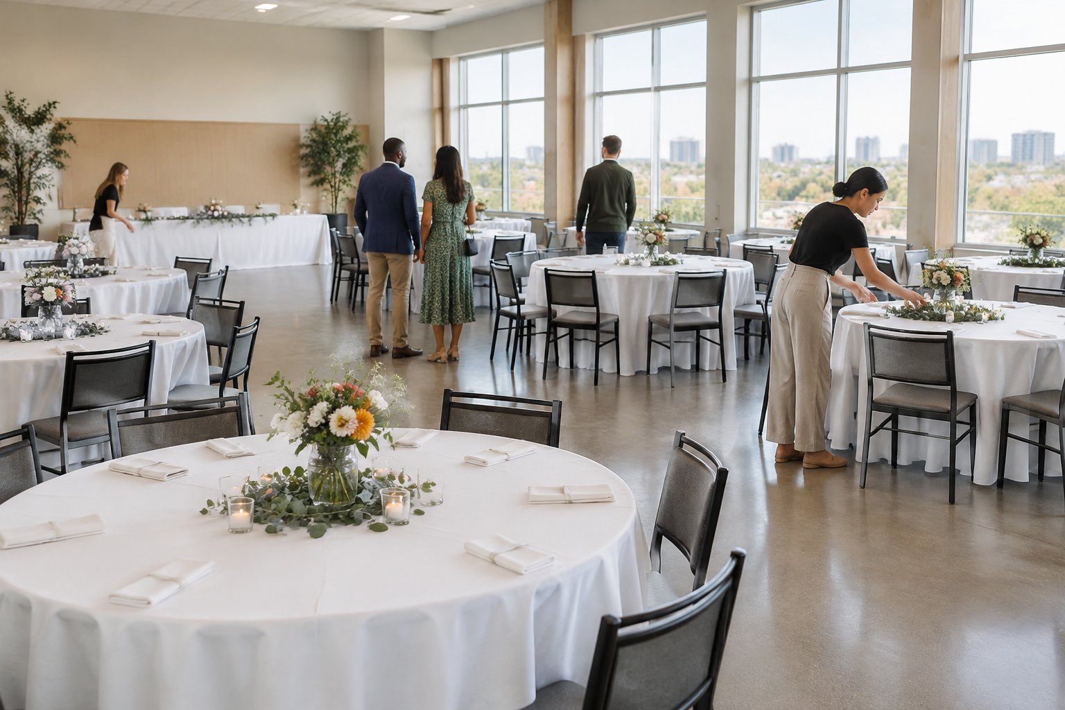 A modest wedding reception venue with simple decorated tables and guests preparing the space.