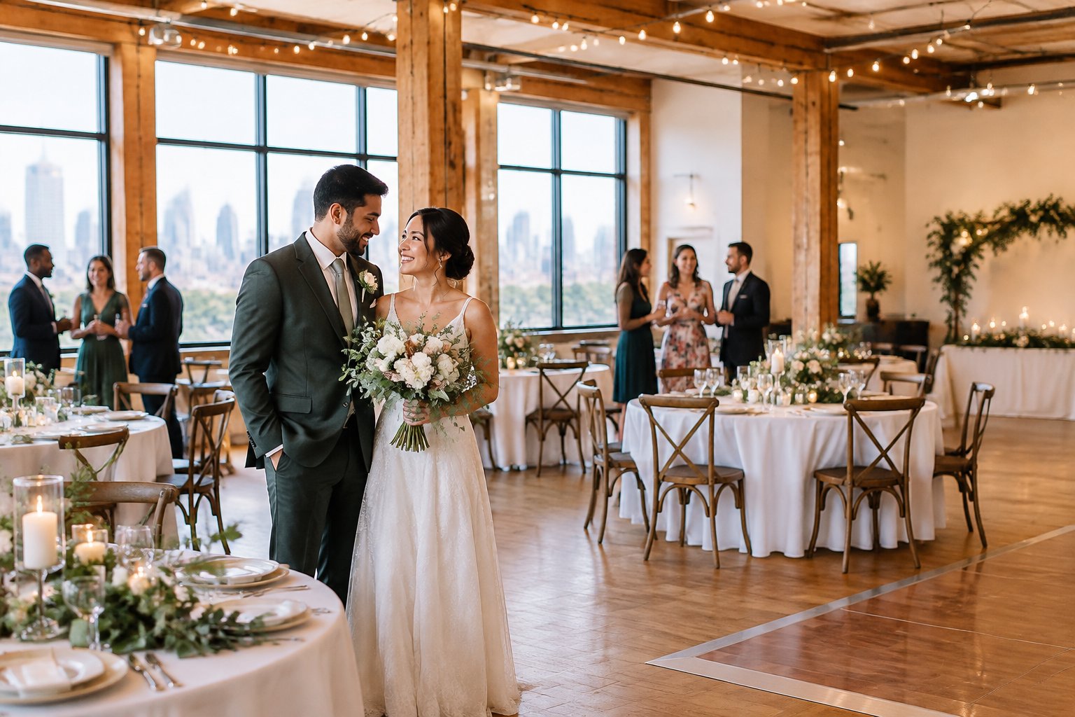 A newlywed couple and guests celebrate in an elegantly decorated wedding venue.