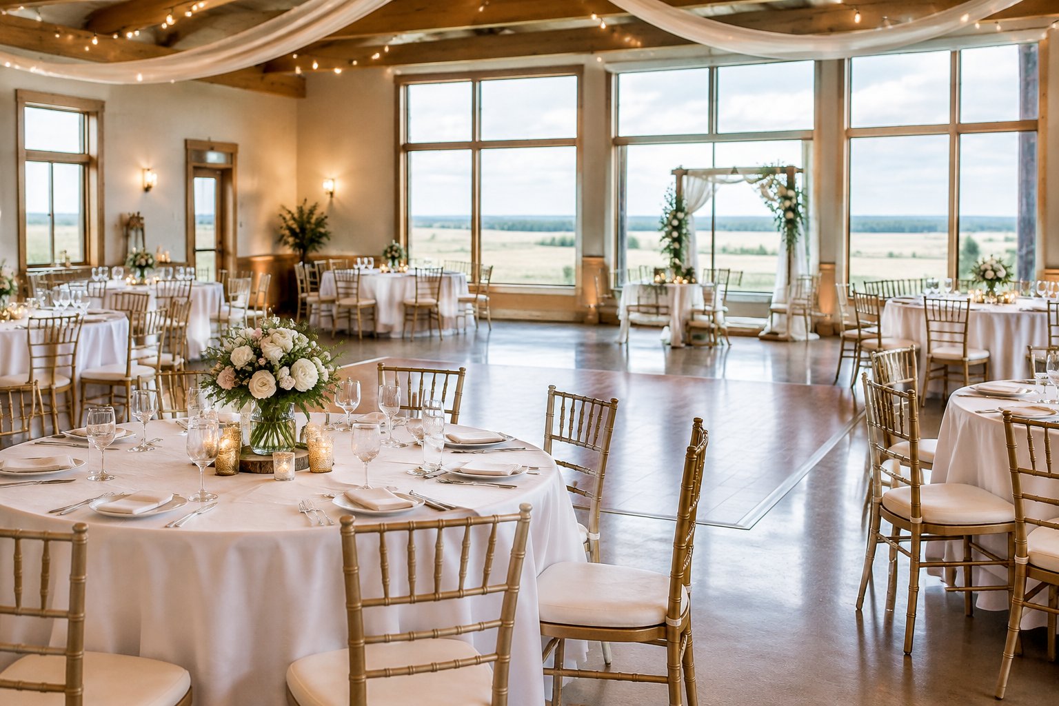 A modest wedding reception venue with decorated tables, warm lighting, and prairie scenery visible through the windows.