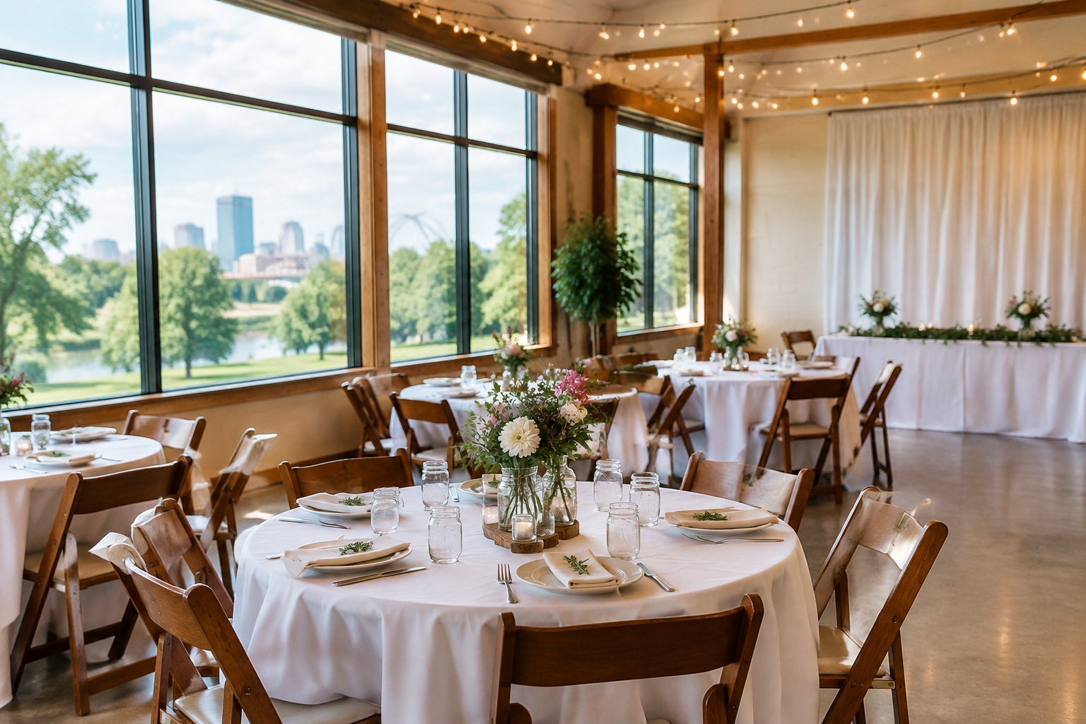 A modest wedding reception setup in a bright, welcoming event hall with simple floral centerpieces and warm lighting.