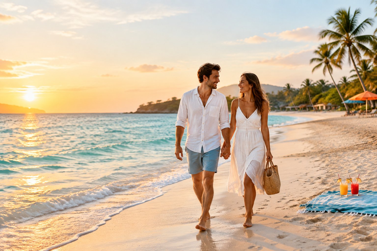 A newlywed couple walks barefoot along a sunny tropical beach beside calm turquoise water.