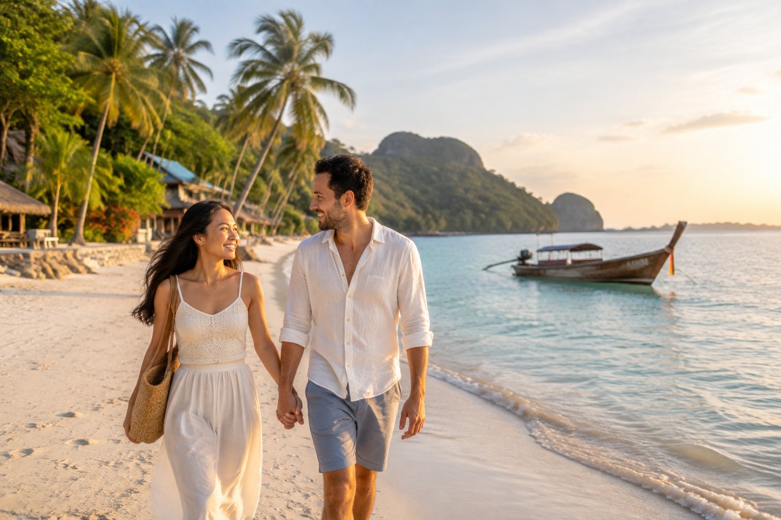 A newlywed couple walks hand in hand along a tropical Asian beach near a small coastal village.