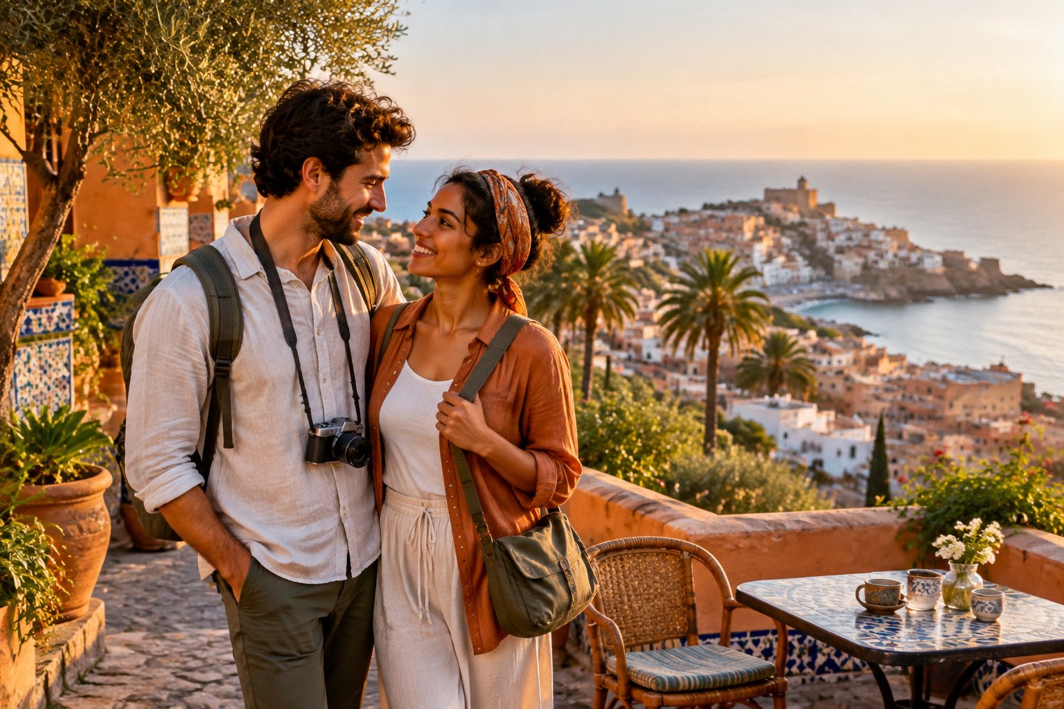 A newlywed couple enjoys a sunny Mediterranean overlook with European and North African-inspired scenery.