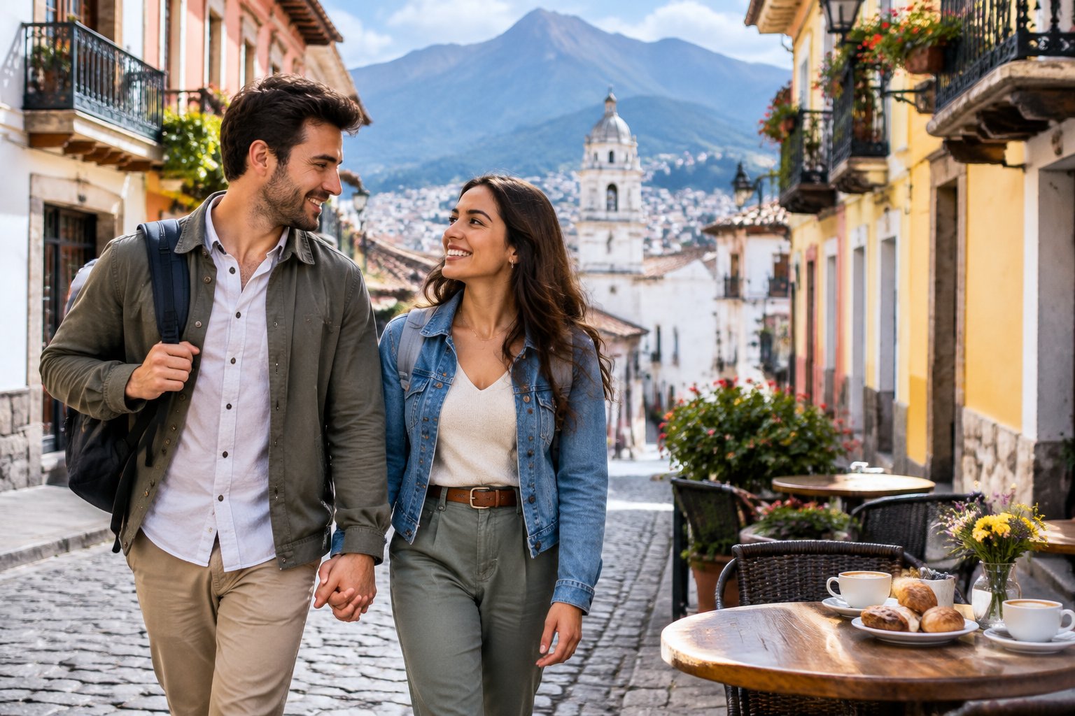 A newlywed couple walks through Quito’s historic old town with the Andes mountains in the background.