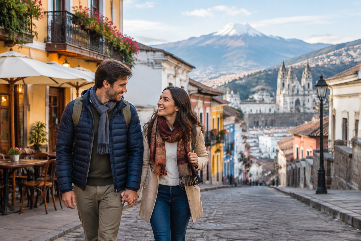 Newlywed couple exploring a colorful historic street in Quito with Andean mountains in the background.