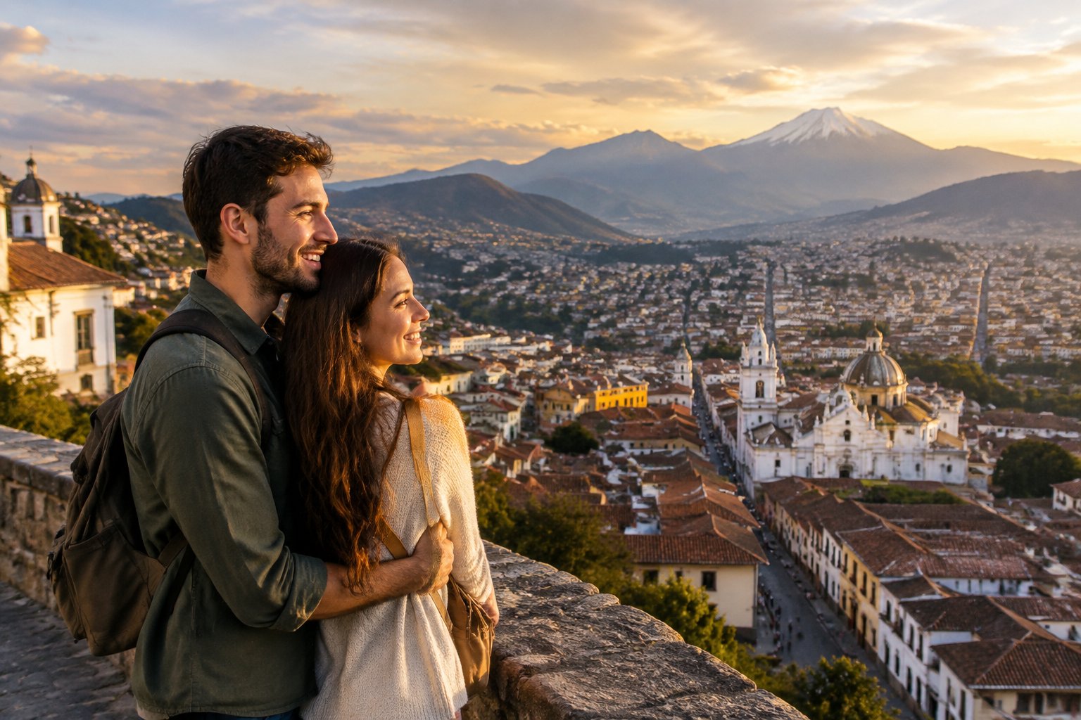 A newlywed couple embraces while overlooking Quito and the surrounding Andes mountains.
