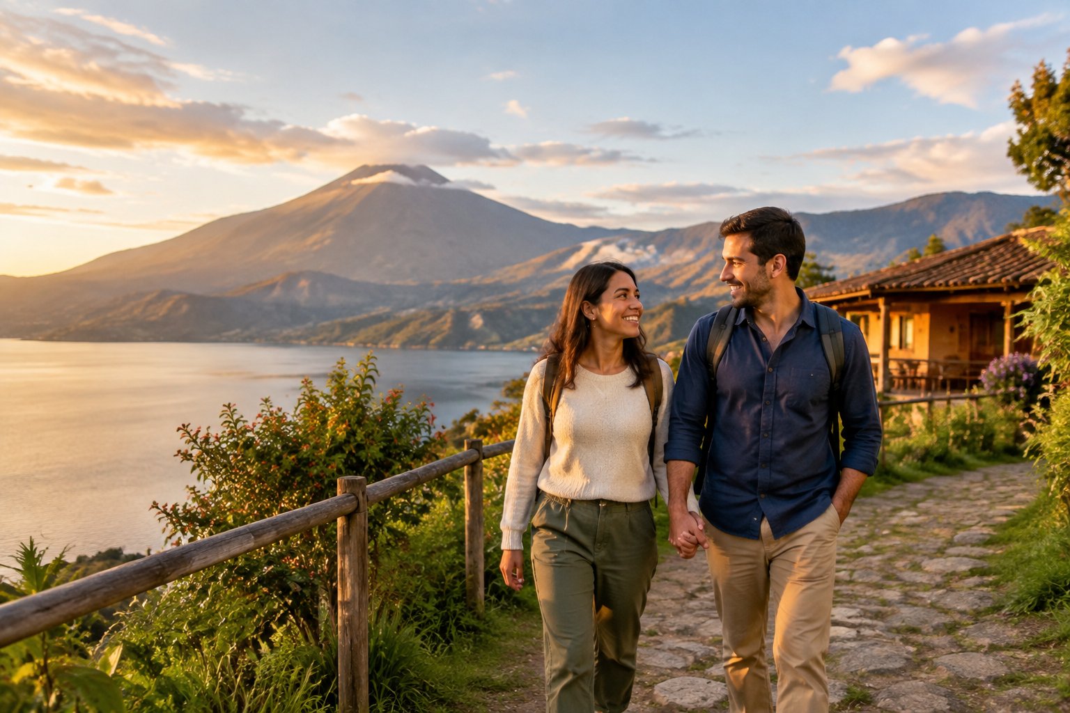 A newlywed couple walks hand in hand beside a scenic Ecuadorian mountain retreat.