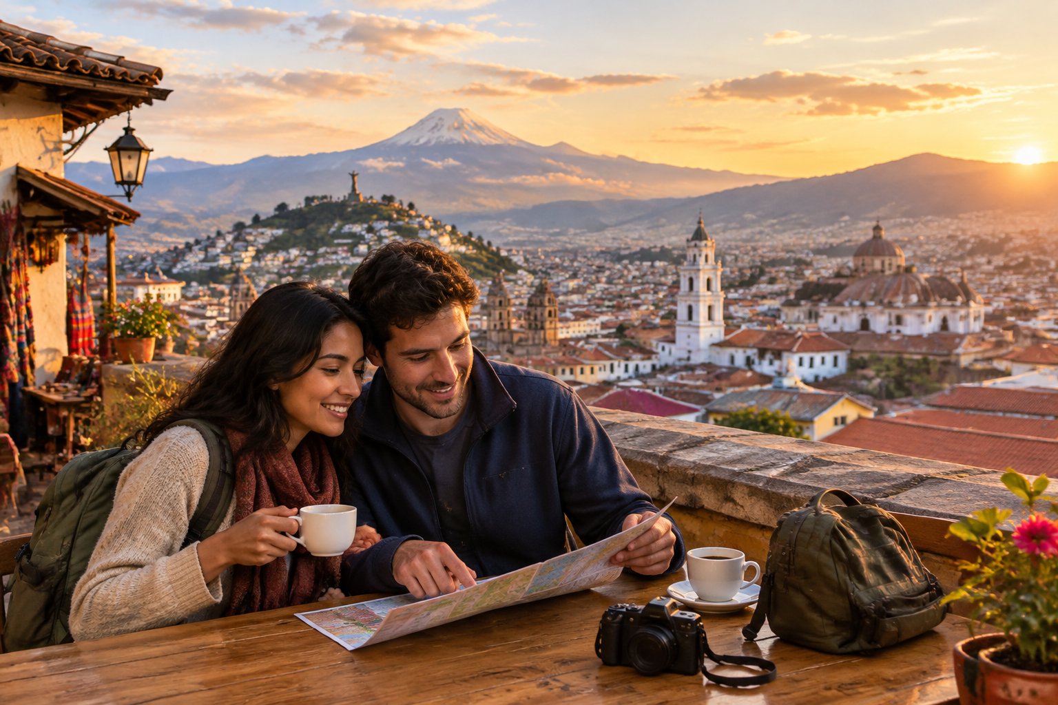 A newlywed couple overlooks Quito’s historic city and the Andes mountains at sunset.