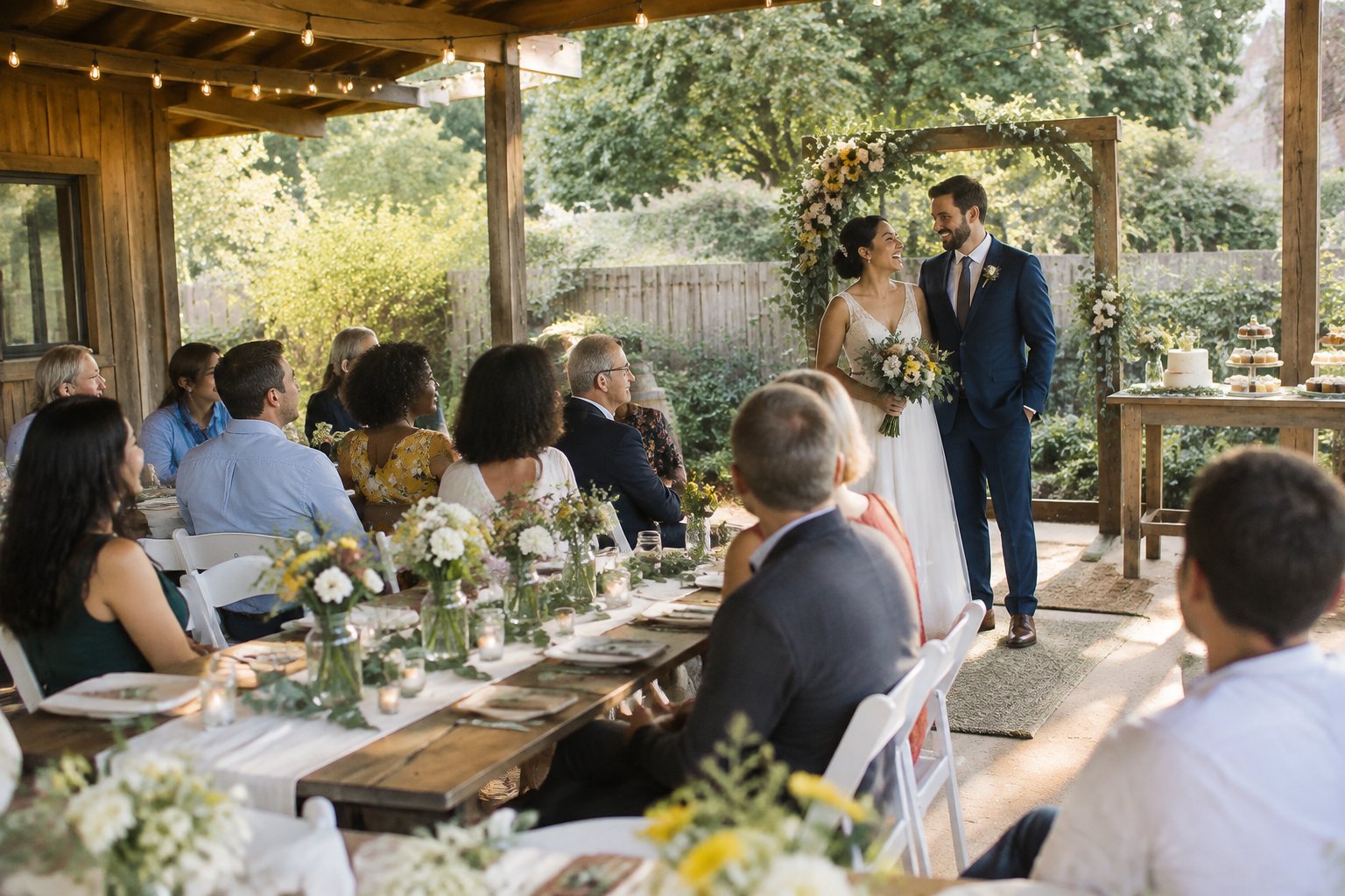 A newlywed couple celebrates with guests at a small, simply decorated wedding venue.