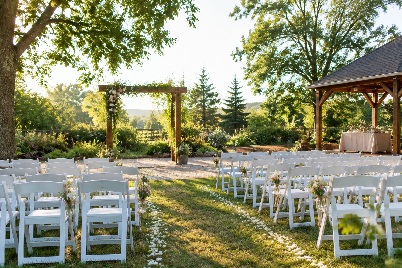 A small outdoor wedding ceremony setup in a simple garden venue with chairs, flowers, and a wooden arbor.