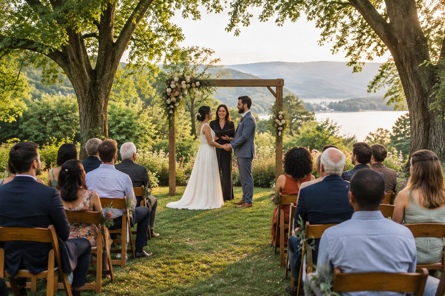 A small wedding ceremony takes place beneath a simple arch in a scenic garden beside a lake.