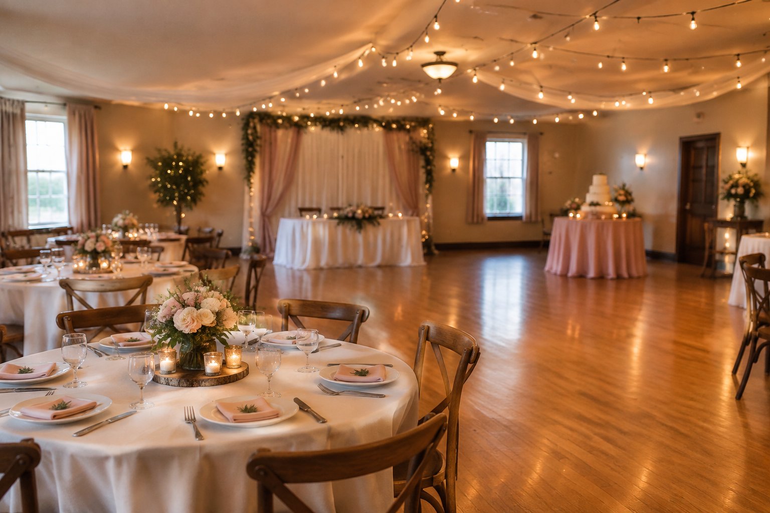 A warmly decorated indoor wedding reception space with a small dining table and an open dance floor.