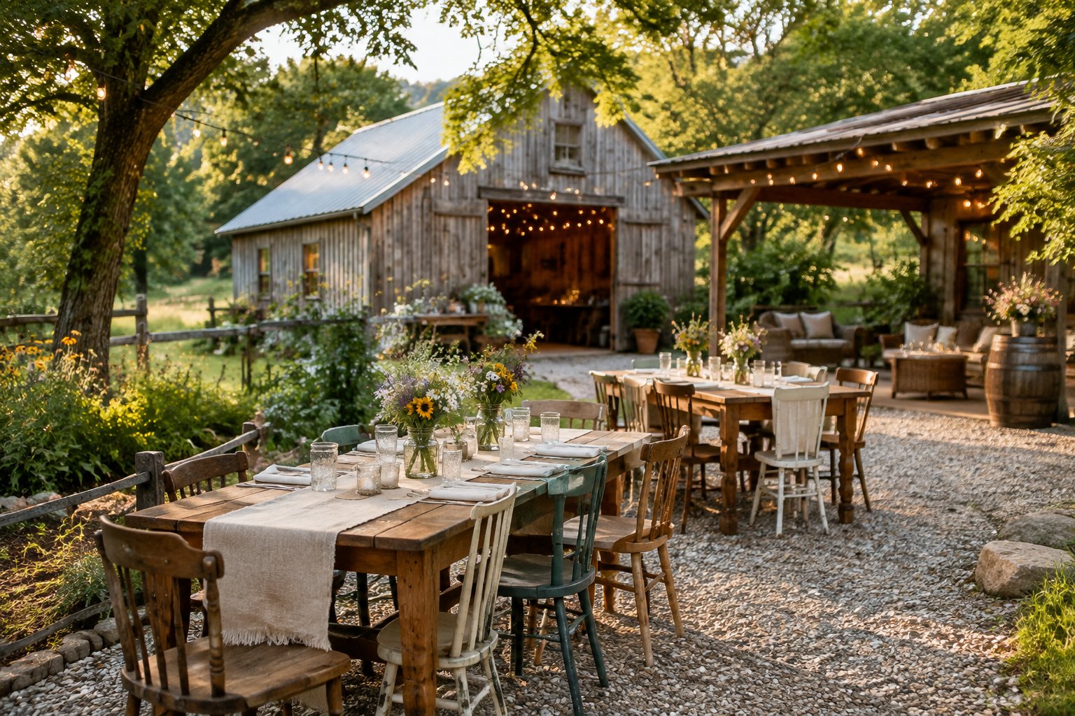 A small rustic wedding reception set up beside a cozy countryside barn with tables, flowers, and string lights.